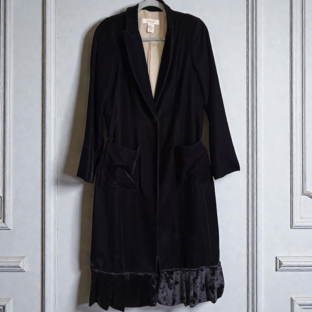 Vintage Black Velvet Victorian Goth Dark Academia Duster Long Blazer Coat Sz 8